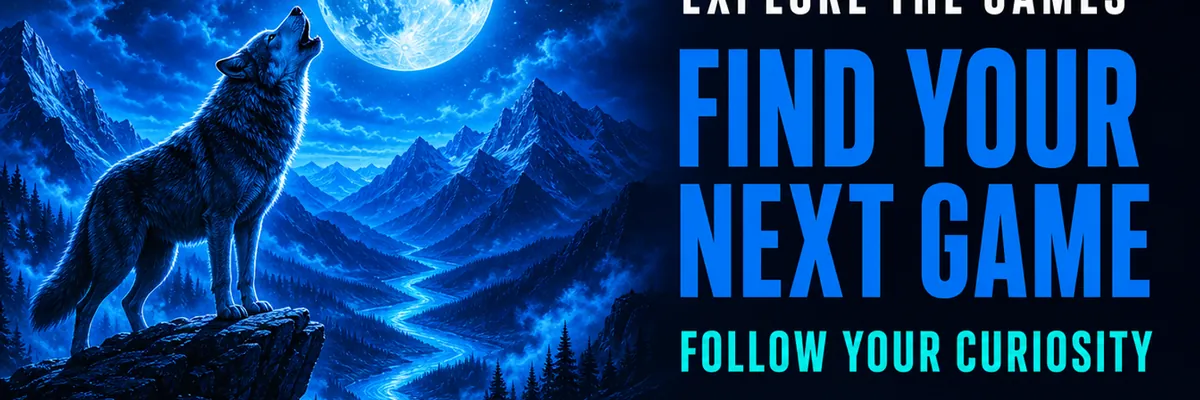 A howling wolf overlooks a winding mountain valley beneath a blue full moon, beside an invitation to explore the games.